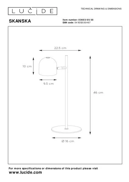 Lucide SKANSKA - Bureaulamp - LED Dimb. - 1x5W 3000K - Zwart - technisch